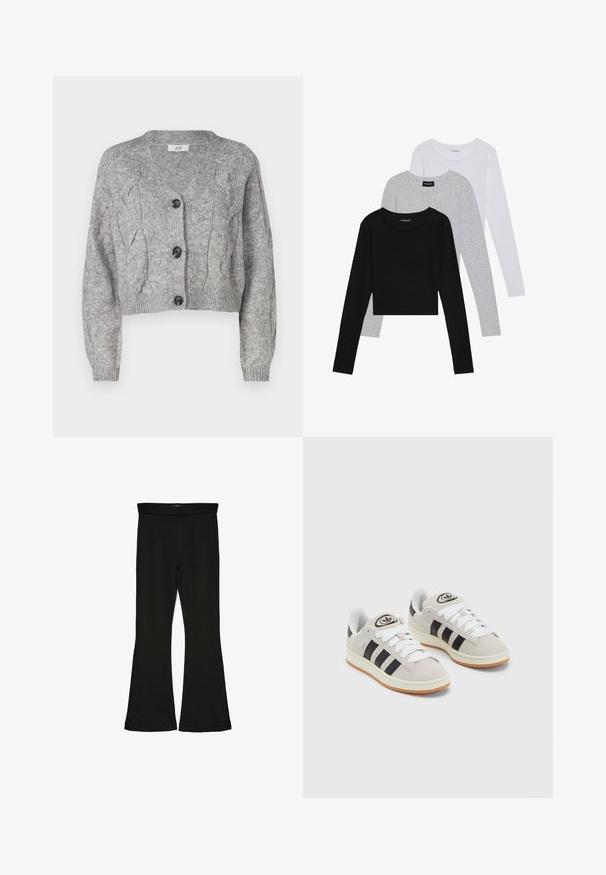 Pilkas megztas cardigan'as su V formos iškirpimu, turintis pynimo raštą, ilgas rankoves ir tris juodus mygtukus priekyje. Trumpas pjaustymas.; Trijų ilgomis rankovėmis marškinėlių krūva: juodas, pilkas ir baltas. Kiekvienas turi apvalų iškirpimą ir trumpą dizainą, pagamintas iš lygaus, lengvo audinio.; Juodos flared tipo legginsai, pagaminti iš tamprios medžiagos. Yra platus juosmuo ir lygus paviršius, su prie kūno priglundančiu siluetu, kuris pločiasi ties apatine dalimi.; Grynos zomšos sneakeriai su baltais raišteliais, juodomis juostelėmis ir balta gumine sole. Turintys apskritą logotipą ant liežuvėlio ir guminę sole.