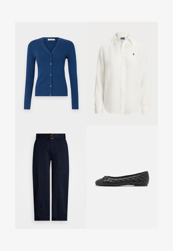 Tiger of Sweden GIANE - Kardigan - deep blue; Bílá lněná košile s dlouhými rukávy, s límcem na knoflíky a předními knoflíky. Disponuje malým modrým vyšívaným logem na hrudi.; Námořnické kalhoty s tkaným páskem a zlatou sponou, vybavené rovnými nohavicemi a přežehlenými záhyby na přední straně.; Černé baletní byty z prošívané kůže. Mají kulatou špičku a malou mašli na přední straně. Nízký profil podrážky pro snadné nošení.