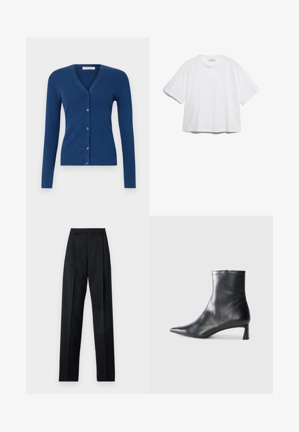 Tiger of Sweden GIANE - Casaco de malha - deep blue; T-shirt de algodão branca com mangas curtas, gola redonda, corte descontraído e sem padrões ou gráficos visíveis. Textura suave e design simples.; Calças pretas feitas de um tecido suave, com uma cintura alta, pernas largas, pregas frontais e passadores de cinto clássicos. Não há bolsos laterais visíveis.; Bota de tornozelo em pele preta com biqueira apontada e um design elegante. Apresenta um salto baixo e um fecho com zipper na parte de trás. Textura suave.