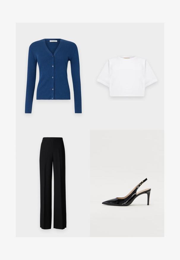 Tiger of Sweden GIANE - Cardigan - deep blue; Tricou alb scurt dintr-un material moale, cu mâneci scurte, decolteu rotund și detalii ribbrate la margine. Design simplu și fără embellishments.; Pantaloni negri cu picioare largi, cu o textură netedă, având o talie înaltă și pliseuri centrale. Fără modele vizibile sau detalii de hardware.; Pantofi slingback din piele patent neagră, cu vârful ascuțit, tocul subțire și un design discret cu decupaj. Se evidențiază printr-un cataramă aurie pe curea.