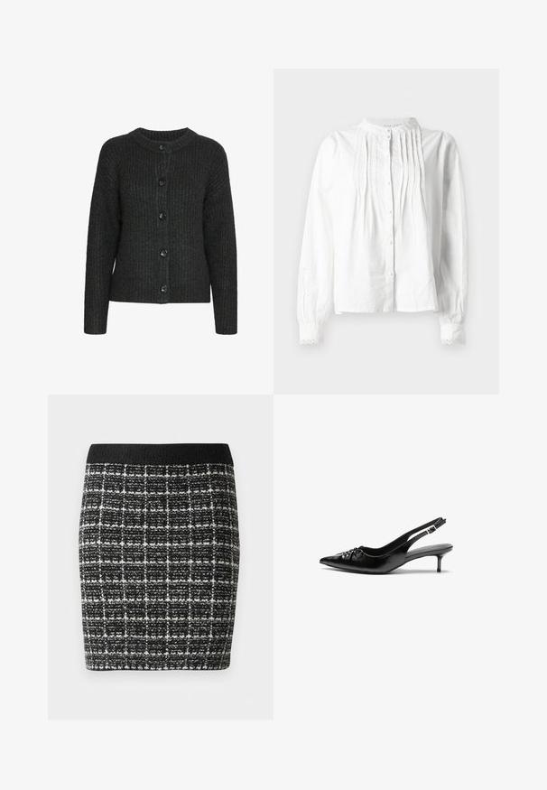 Dark gray knitted cardigan with a round neck, ribbed texture, and six black buttons along the front. Long sleeves with a relaxed fit.; White long-sleeve blouse with stand collar, vertical pleats on front, button closure, and lace-trimmed cuffs.; Black and white checkered skirt with a textured fabric, featuring a black waistband and a fitted silhouette.; Black leather slingback heels with a pointed toe, low kitten heel, and gathered detail on the vamp. Smooth texture and minimalist design.