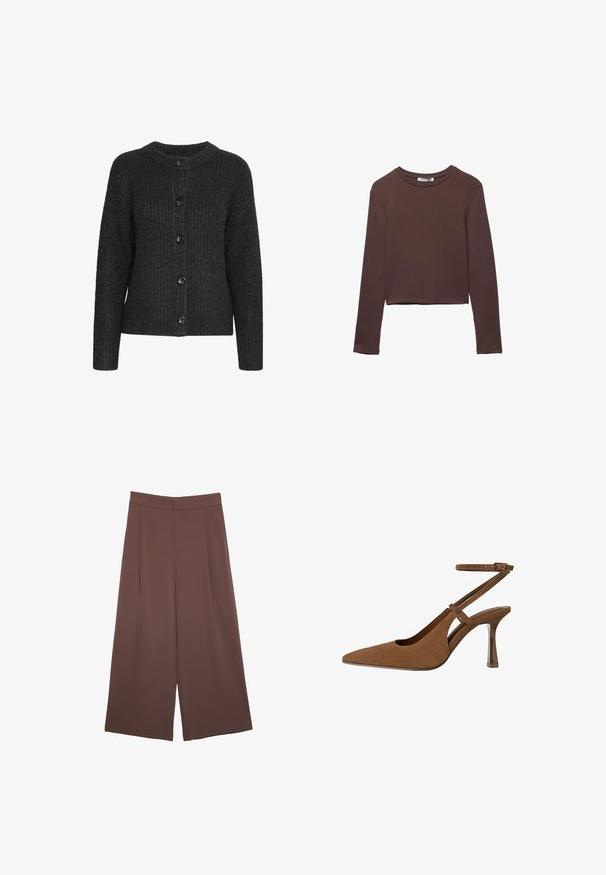 Cardigan lavorato a maglia grigio scuro con colletto rotondo, texture a coste e sei bottoni neri lungo la parte anteriore. Maniche lunghe con una vestibilità comoda.; Camicetta corta a maniche lunghe marrone in un tessuto morbido e liscio con scollatura rotonda e senza motivi o hardware visibili.; Pantaloni ampi marroni con una texture liscia, caratterizzati da una vita alta e pieghe frontali. Il tessuto è leggero e scorre liberamente.; Scarpa elegante in suede marrone con tacco alto a slingback, punta affusolata e sottile cinturino alla caviglia, dotata di un tacco geometrico trasparente.