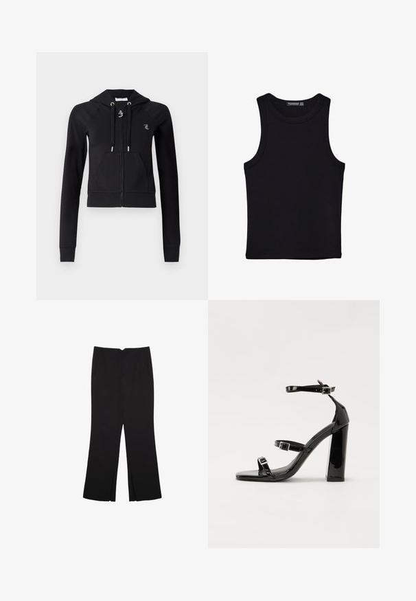 Čierna krátená zipsová mikina vyrobená z mäkkej tkaniny. Obsahuje kapucňu, predné vrecká a strieborné kovové doplnky, s logom na ľavej hrudi.; Čierny tank top vyrobený z bavlny, s okrúhlym výstrihom a širokými ramienkami. Hladká textúra so zošitými okrajmi. Klasický, minimalistický dizajn.; Čierne nohavice so strihom rovného strihu, s prednými vreckami a bočnými rozparkami na leme. Vyrobené z mäkkej, hladkej tkaniny. Vhodné na rôzne príležitosti.; Čierne lakované sandále na vysokom opätku s dvoma prackami, štvorcovou špičkou a hrubým blokovým opätkom, s hladkou, lesklou textúrou.