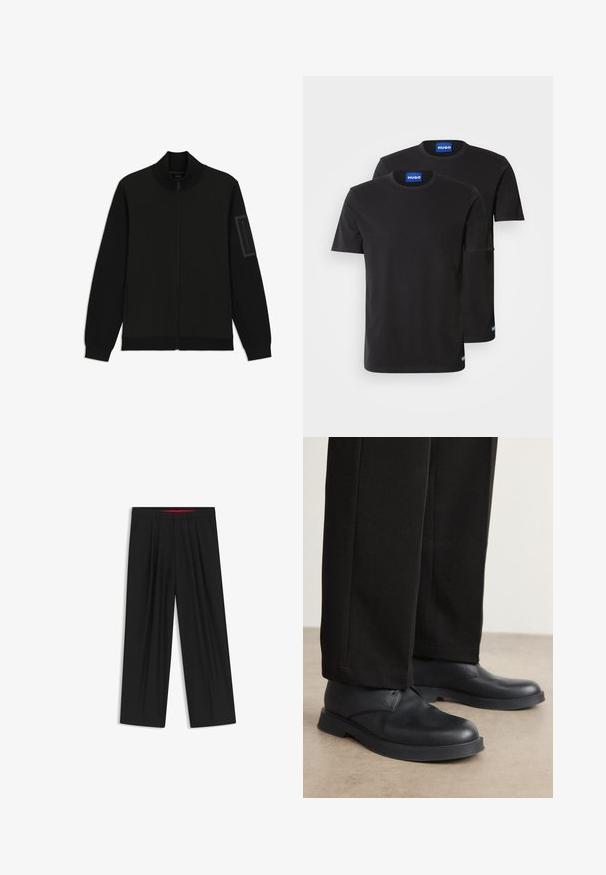 Svart jacka med hög krage, dragkedja, sidfickor, ribbade muddar och en ficka med dragkedja på vänster ärm. Slät tygstruktur.; Två svarta bomullströjor med rund hals, korta ärmar och blå "HUGO"-etiketter på kragarna och sidorna.; Svarta vida byxor med slät front, två sidofickor, veckad design och en kontrasterande röd midjeresår.; Svarta läderskor med rund tå, platt sula och minimal detaljering. Matchas med skräddarsydda svarta byxor som har en jämn yta.