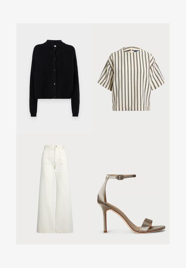 Cardigan preto de malha com gola redonda, fecho frontal com botões e mangas longas. Tecido texturizado com bainha cropped.; Top de manga curta, riscado em creme e azul marinho, com decote redondo e design boxy em tecido texturizado.; Jeans de perna larga em denim off-white. Design de cintura alta com fecho de botão, dois bolsos frontais e detalhes de costura em contraste.; Sandal com salto alto em cetim prateado, com uma faixa no tornozelo e um fivela decorativa. Ponta aberta e design elegante e esguio.