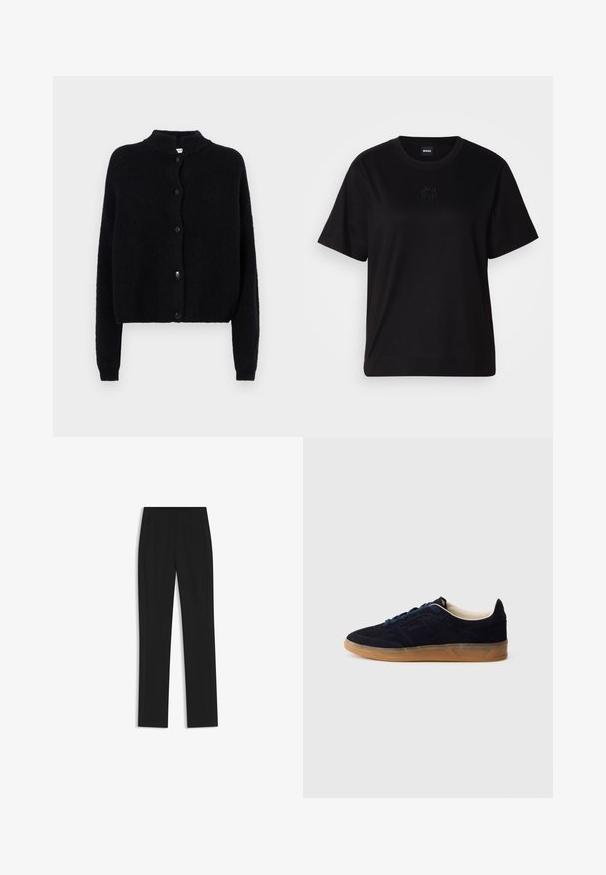 Black knitted cardigan with a round neck, front button closure, and long sleeves. Textured fabric with a cropped hem.; Black cotton t-shirt with a crew neckline, short sleeves, and an embroidered logo on the chest. Simple, relaxed fit with no patterns.; Black tailored trousers with a straight-leg design, featuring front pockets and a smooth, textured fabric. Neat, minimal detailing.; Navy suede sneaker with a gum rubber sole, blue laces, and minimalist design. Features embossed logo on the side and smooth inner lining.