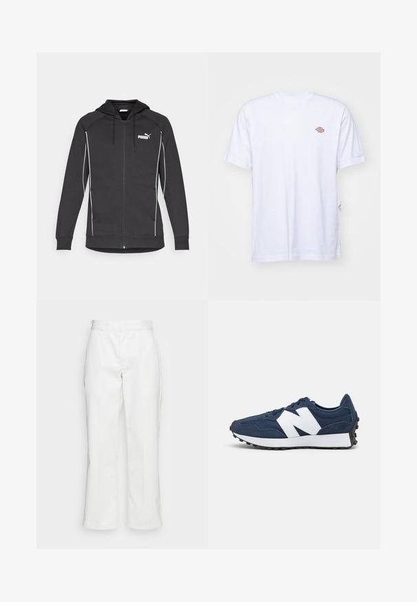 Fekete cipzáras kapucnis pulóver, húzózsinórral, fehér díszvarrással és Puma logóval a mellen. Puha, sportos anyagból készült.; Fehér pamut póló V-nyakkal és rövid ujjakkal. A bal mellen egy kis, színes hímzett logó található. Puha tapintás.; Fehér pamut nadrág, egyenes szabással, övhurkokkal és oldalzsebekkel, sima textúrával és minimalista részletezéssel.; Tengerészkék sportcipők fehér logóval, velúr és hálós felsőrésszel, párnázott bokaRésszel, lapos fűzőkkel és textúrázott fekete gumitalppal.