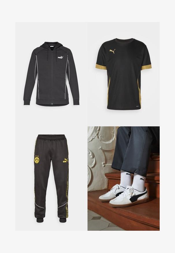 Svart hettegenser med glidelås og snorhette, hvite kontrastpiping, og Puma-logo på brystet. Laget av mykt, sportslig stoff.; Svart treningst-skjorte med gulldetaljer på ermene og siden. Har rund hals, korte ermer og fukttransporterende DRYCELL-stoff.; Svarte treningsbukser med gule Borussia Dortmund BVB 09 og Puma King-logoer, elastisk liv, og mønstrede gule sidestriper.; Puma-sneakers i hvitt og svart semsket skinn, med en brun gummisåle. Kombinert med hvite sokker med en svart logo, båret med mørke bukser.