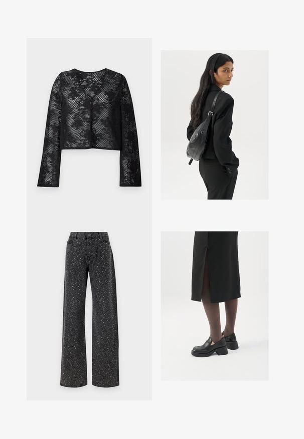 Melnās mežģīņu īsās jaka ar garām piedurknēm, ar ziedu rakstu un V veida kakla izgriezumu, kas ir aizpogāta priekšpusē.; Melnā bodija ar garām piedurknēm, piedāvā ar caurspīdīgu V-veida kakla izgriezumu un savāktu plecu detaļu. Gluda auduma, ar pieguļošu formu.; Noisy May NMJANNEL LOOSE - Brīva piegriezuma džinsi - black denim; Melni ādas apavi ar noapaļotu purngalu, biezām bloku papēžiem un elastīgiem sānu akcentiem, apvienoti ar tumšām zeķubiksēm un melnu svārku ar šķirbu.; Sieviete ar garām tumšām matiem, ģērbusies melnā uzvalkā, nēsā melnu ādas plecu somu un skatās pāri plecam uz balta fona.; Sudraba gredzenveida auskari ar minimālistisku dizainu. Cirkulāra forma, gluda tekstūra un plāns profils. Vieglu svaru ar spīdīgu apdari.