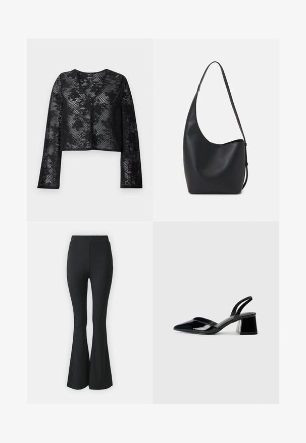 Svart blondet cropped cardigan med lange ermer, prydet med et blomstermønster og en v-hals, festet med knapper foran.; Svart bomulls T-skjorte med korte ermer, med en liten rosa sommerfugl grafikk på venstre bryst. Crew-neck design med en avslappet passform.; Svarte vide bukser laget av elastisk stoff. Har høy midje og en glatt, tettsittende design som vidder ut fra kneet og nedover.; Svarte patentlær slingback hæler med spiss tå og geometrisk blokk hæl. Har et stilrent, minimalistisk design og jevn tekstur.; Svart lær hobo-veske med glatt tekstur, buet form og enkelt justerbart stropp; har en bred åpning på toppen.
