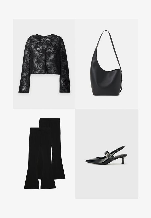 Čierny čipkovaný krátky cardigan s dlhými rukávmi, zdobený kvetinovým vzorom a výstrihom do V, zapínaný na gombíky vpredu.; Čierne bavlnené tričko s krátkymi rukávmi, s malým ružovým motýlikom na ľavej hrudi. Design s okrúhlym výstrihom a uvoľneným strihom.; Čierne rozšírené nohavice vyrobené z elastickej látky, so zvýšeným pásom a hladkým povrchom, s priliehavým strihom, ktorý sa rozširuje od kolena.; Čierne patentové kožené sandále na podpätku so špicatou špičkou a malým blokovým podpätkom, s dekoratívnou striebornou sponou na remienku.; Čierna kožená hobo taška so hladkou textúrou, zakriveným tvarom a jedným nastaviteľným popruhom; má široké otvorenie na vrchu.