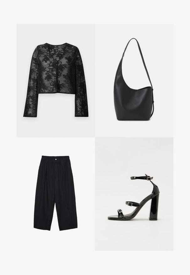 Čierny čipkovaný krátky cardigan s dlhými rukávmi, zdobený kvetinovým vzorom a výstrihom do V, zapínaný na gombíky vpredu.; Čierne tričko s krátkym rukávom vyrobené z jemného materiálu. Má klasický okrúhly výstrih a voľný strih. Bez vzorov alebo akcentov.; Čierne polyesterové culotte nohavice s elastickým pásom, dvoma prednými záhybmi a voľným strihom. Žiadne viditeľné vzory ani detaily z kovu.; Čierne lakované sandále na podpätku so štvorcovou špičkou, navlečenými remienkami okolo členku a striebornými prackami. Disponujú masívnym blokovým podpätkom pre stabilitu.; Čierna kožená hobo taška so hladkou textúrou, zakriveným tvarom a jedným nastaviteľným popruhom; má široké otvorenie na vrchu.