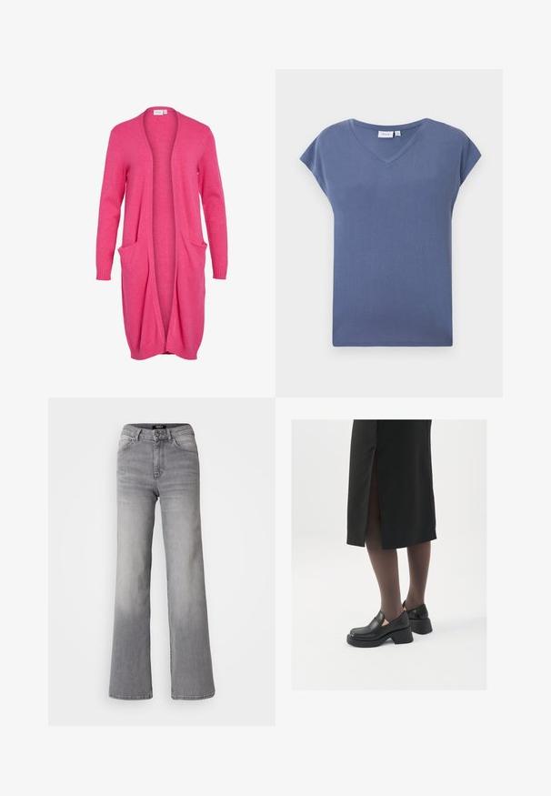 Lång cardigan med öppen fram i stark rosa. Tillverkad av mjukt tyg med ribbade manschetter och två framfickor. Avslappnad passform.; T-shirt med V-ringning och kort ärm i en dämpad blå färg, tillverkad av mjukt bomullsmaterial med en slät textur och en avslappnad passform.; Högmidjade raka grå denimjeans med framknapp och dragkedja, fram- och bakfickor samt urtvättad nyans på låren och vristerna.; Svarta läderskor med rund tå, tjock klack utan häl och elastiska sidodetaljer, kombinerat med mörka strumpbyxor och en svart kjol med slits.