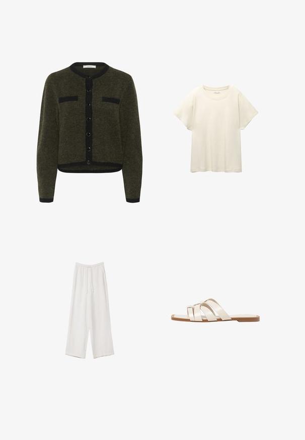Maslinasto zeleni kardigan od teksturiranog materijala, s okruglim izrezom, prednjim gumbima i dvije crne zakrpa džepa.; Svijetlo bež majica kratkih rukava s okruglim izrezom, izrađena od meke, glatke tkanine. Karakterizira je opušteni kroj i ravni rub.; Bijele hlače širokih nogavica napravljene od lagane tkanine. Imaju elastičan pojas s ušicom i bočne džepove. Glatka tekstura.; Ravne sandale s smeškom od gume, dizajnirane s tri preklapajuće bele kožne trake i malim detaljem mašne u sredini.