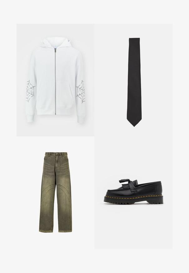 Jack & Jones JORWEB ZIP HOOD UNISEX - Sweat zippé - bright white; Deux chemises à manches courtes : une blanche et une bleu clair. Les deux possèdent un devant à boutons, un col, un tissu en coton lisse et une coupe standard.; Jeans à jambes larges en denim vert olive, avec des accents de coutures courbes, une fermeture à bouton classique et une finition délavée.; Mocassin en cuir noir avec un accent à frange, doté d'une semelle épaisse noire et d'une couture jaune le long du bord. Fini texturé.; Un nœud papillon noir en tissu lisse, doté d'une forme slim et allongée avec une pointe et sans motifs ni accents visibles.