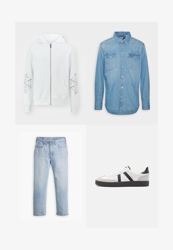 Jack & Jones JORWEB ZIP HOOD UNISEX - Mikina na zip - bright white; Světle modrá denimová košile s dlouhými rukávy, špičatým límcem a dvěma náprsními kapsami. Obsahuje zapínání na knoflíky a zakřivený lem.; Světle modré džíny z denimu s rovnými nohavicemi, pětikapsovým stylem a kontrastním prošitím. Zapínání na knoflík a zip v pase.; Bílé tenisky s černými a šedými akcenty, opatřené texturovaným šedým prstovým krytem, černou gumovou podrážkou a plochými bílými tkaničkami. Čistý design, minimalistický styl.