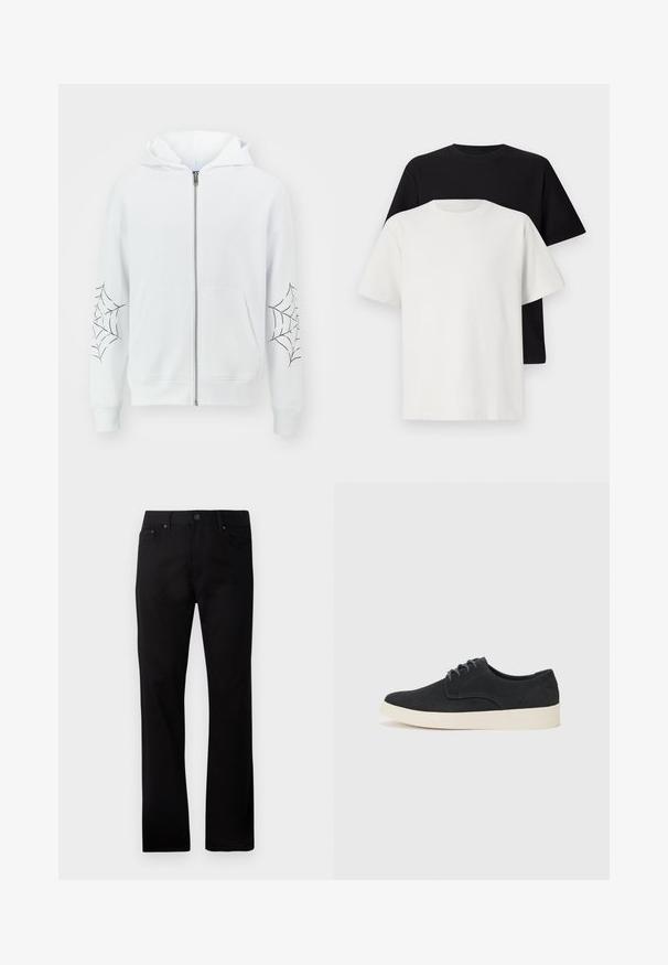 Jack & Jones JORWEB ZIP HOOD UNISEX - Sweatjakke - bright white; Sett med bomull t-skjorter bestående av en svart topp og en hvit topp, begge med korte ermer, rund hals og standard passform. Teksturet stoff.; Sorte rett-bente jeans laget av denim, med en frontknapp-lukking, to sidelommer og en jevn tekstur.; Sorte svinedersko med snøring og rund tå, lett kremfarget såle og subtile blå broderi detaljer på overdelen.