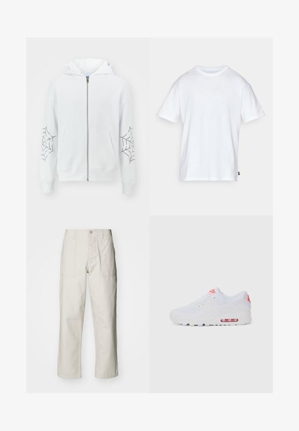 Jack & Jones JORWEB ZIP HOOD UNISEX - Jaka ar rāvējslēdzēju - bright white; Balts kokvilnas T-krekls ar īsām piedurknēm un apaļu kakla izgriezumu. Uz krūtīm ir maza, diskrēta Nike logo un sānu birka.; Gaiši bežs platā kāju bikses, izgatavotas no kokvilnas. Iekļautas priekšējās kabatas un pogu aizdare. Gluda tekstūra ar smalkām vertikālām līnijām.; Baltas sporta apavi ar gludu augšdaļu, saitēm, mīkstu zoli un redzamu gaisa vienību ar sarkaniem akcentiem uz zīmola.