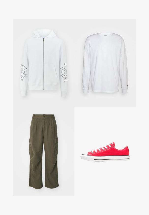 Jack & Jones JORWEB ZIP HOOD UNISEX - Zip-up sweatshirt - bright white; White long-sleeved T-shirt made of cotton. Crew neck design with ribbed cuffs and a small logo on the left sleeve. Smooth texture.; Cargo pants in olive green, made of cotton, with a wide leg design, pleats, and side pockets for utility.; Red canvas sneaker with white rubber toe cap and sole. Features five pairs of white eyelets, black side stripe, and textured surface.