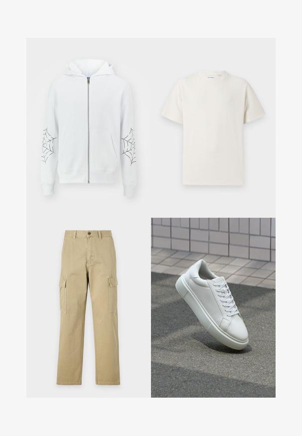 Jack & Jones JORWEB ZIP HOOD UNISEX - Zip-up sweatshirt - bright white; White short-sleeve T-shirt in a ribbed texture. Round neckline, relaxed fit, no visible patterns or accents. Simple and versatile design.; Beige cargo pants made of cotton, featuring two side pockets, a button closure, and straight legs with a slightly textured fabric.; White leather sneaker with a smooth surface, round toe, and flat white laces. Features a textured rubber sole and minimal design elements.