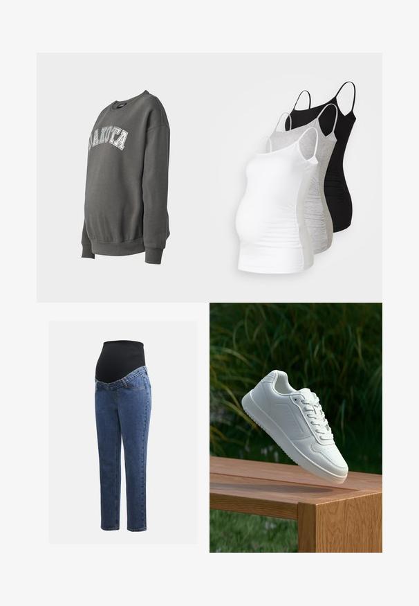 Tummaa harmaa collegepaita, jossa on brodeerattu "DAKOTA" etuosassa. Paita on varustettu pyöreällä kaula-aukolla sekä resorikuvioiduilla hihansuilla ja helmalla.; Kolme äitiystoppia valkoisena, harmaana ja mustana. Venytettävä kangas, säädettävät olkaimet ja rypytetyt sivusaumat mukavuutta varten.; Äitiysfarkut, joissa on siniset denimlahkeet ja musta joustava vatsapaneeli, joka on suunniteltu tukemaan ja peittämään kasvavaa vatsaa.; Valkoiset tennarit, joissa on sileä synteettinen päällinen, rei'itetty varvasosa, litteät nauhat ja teksturoitu pohja, esillä puupinnalla.