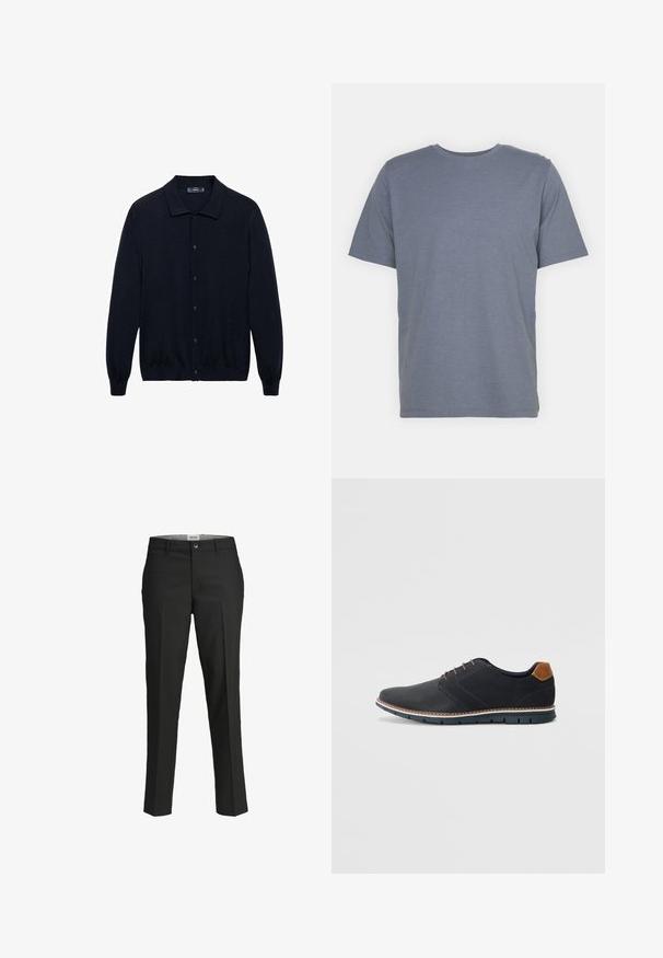 Navy cardigan made of soft fabric with a collared neckline, long sleeves, and button closure down the front. Plain design without patterns.; Gray short-sleeve T-shirt with a round neck, made of soft cotton blend fabric. Simple design, no patterns or accents.; Black trousers, tailored fit, smooth fabric, mid-rise waist, front button closure, diagonal pockets, and crease detailing down the legs.; Black synthetic shoes with a textured upper, smooth accents, brown heel, and a contrasting sole. Features minimal lacing and stitch details.