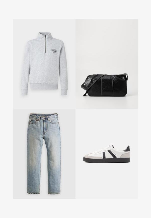 Grauer Kapuzensweater mit hohem Kragen, gerippten Bündchen und Saum, mit schwarzem Logo auf der Brust. Hergestellt aus einem weichen, strukturierten Stoff.; Brauner Strickpullover mit Polo-Kragen, drei Knöpfen am Hals und langen Ärmeln. Weiche Textur, gerippte Bündchen und Saum.; Helle blaue Jeans mit hoher Taille, Frontknopf, Reißverschluss und fünf Taschen-Design, flach auf einem neutralen Hintergrund ausgelegt.; Weiße Sneaker mit schwarz- und grau-aczenten, ausgestattet mit einer strukturierten grauen Zehenkappe, schwarzer Gummi-Sohle und flachen weißen Schnürsenkeln. Sauberes Design, minimalistische Stil.; Schwarze Leder Schultertasche mit Reißverschluss, ausgestattet mit einer strukturierten Oberfläche, weißen Nähten und einem Tragegurt mit silbernen Ösen.