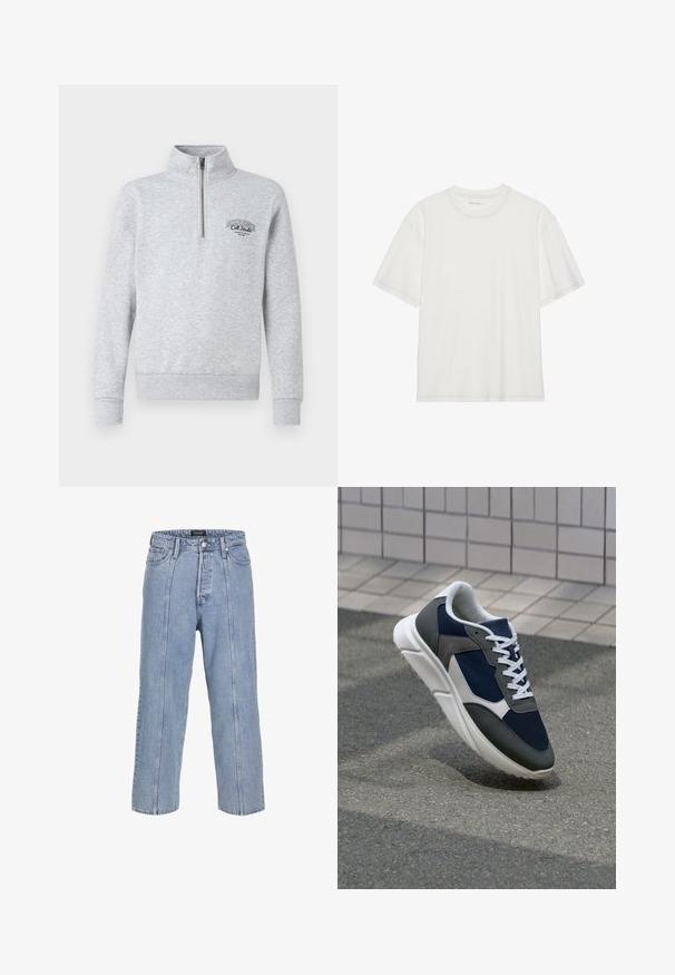 Felpa grigia con zip e colletto alto, polsini e orlo a coste, con un logo nero sul petto. Realizzata in un morbido tessuto testurizzato.; T-shirt bianco in cotone con maniche corte, colletto rotondo e dettagli di cucitura a contrasto intorno al colletto e alle maniche.; Jeans in denim blu chiaro con una vestibilità ampia, gambe larghe e dettagli di cucitura visibili. Presenta una chiusura con bottone e zip, cinque tasche.; Sneaker con tomaia in rete blu navy, inserti in suede grigio, suola in gomma bianca e lacci bianchi piatti, progettata per comfort e traspirabilità.