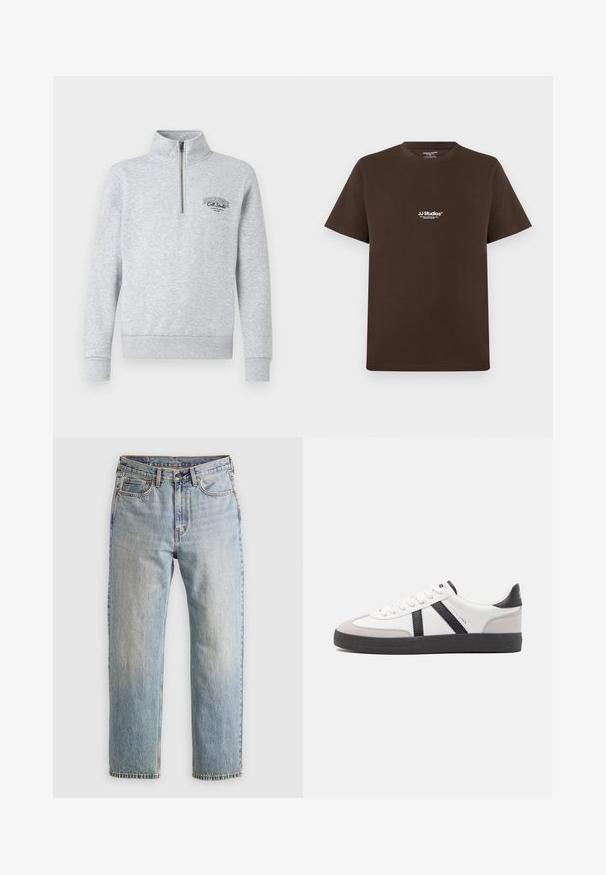 Hallimust särgiga hall kapuutsiga sviiter, millel on kõrge kaelus, soonikkoes varrukad ja alläär. Rinnal on must logo. Valmistatud pehmest, tekstuuriga kangast.; Pruun puuvillane T-särk lühikeste varrukatega, ümmargune kaelus ja väike valge logo rinnal. Sile tekstuur ja tavaline lõige.; Heledad hele sinine teksapükste kõrge vöökoht, ees nupuga, lukuga ja viie taskuga disain, asetatud tasasele neutraalsele taustale.; Valged tossud mustade ja hallide aktsentidega, tekstureeritud halli varbakattega, musta kummitald ja lamedad valged paelad. Puhtad jooned, minimalistlik stiil.