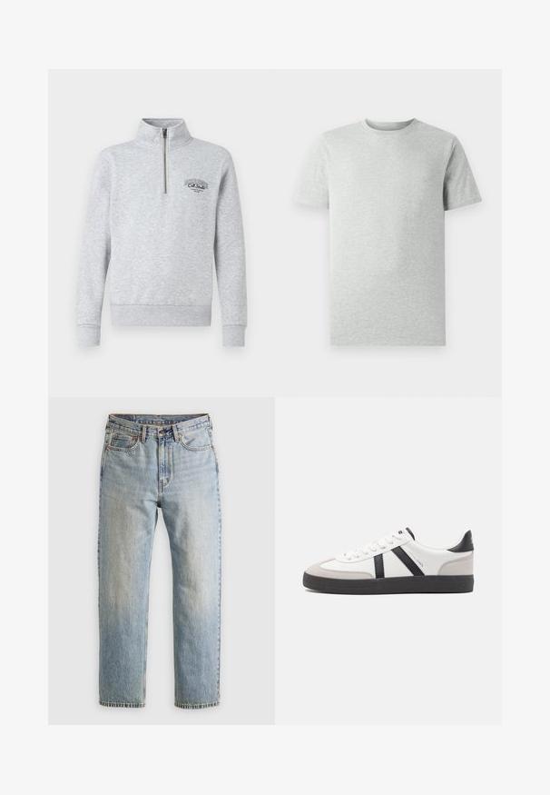 Hanorac gri cu fermoar, cu guler înalt, manșete și tiv ribbate, având un logo negru pe piept. Fabricat dintr-un material moale și texturat.; Tricou scurt cu mânecă, de un gri deschis, expus pe un fundal alb, văzut din față, fără logo-uri sau desene vizibile.; Jeans din denim de culoare albastru deschis, cu talie înaltă, nasture frontal, fermoar și design cu cinci buzunare, așezate platesc pe un fundal neutru.; Sneaker alb cu accente negre și gri, având un capac de vârf gri texturat, talpă din cauciuc negru și șireturi plate albe. Design elegant, stil minimalist.