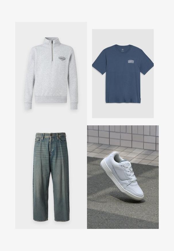 Szürke, cipzáros pulóver magas gallérral, bordás mandzsettákkal és heméllyel, fekete logóval a mellrészen. Puha, textúrált anyagból készült.; Kék pamut póló, kerek nyakkivágással és rövid ujjal. A bal mellen fehér "Levi's" logó található. Egyszerű dizájn.; Világoskék farmernadrág, laza fazonnal, közepes derékbőséggel és egyenes szárral. Öt zsebet, övbucskát és gombos záródást tartalmaz.; Fehér bőr sneaker perforált oldalakkal, texturált részletekkel, lapos fűzőkkel és kontrasztos szürke sarokkal. Enyhén megemelt talppal rendelkezik.