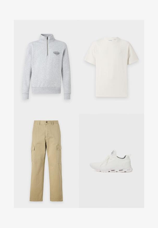 Grey zip-up sweatshirt with a high collar, ribbed cuffs and hem, featuring a black logo on the chest. Made from a soft, textured fabric.; White short-sleeve T-shirt in a ribbed texture. Round neckline, relaxed fit, no visible patterns or accents. Simple and versatile design.; Beige cargo pants made of cotton, featuring two side pockets, a button closure, and straight legs with a slightly textured fabric.; White athletic shoes featuring a textured knit upper, flat laces, and a cushioned sole with visible air chambers for added support.