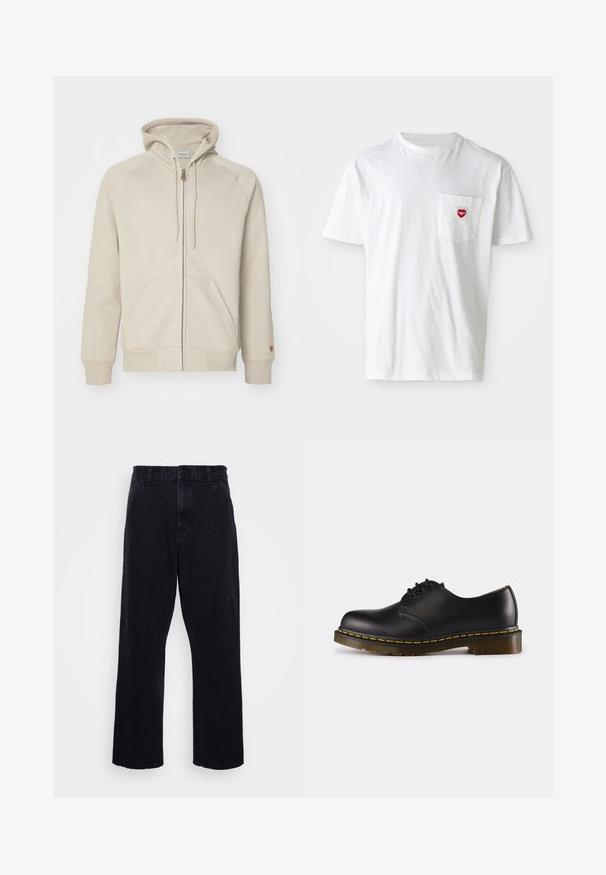 Beige színű, cipzáras kapucnis pulóver puha anyagból, húzózsinórral, kenguru zsebekkel, bordázott mandzsettákkal és varrási részletekkel.; Fehér pamut póló kerek nyakkal és rövid ujjakkal. Bal oldalon, a mellzseben egy kis piros szívlogó található.; Fekete farmernadrág egyenes szárú kialakítással, gombos és cipzáros záródással, övzőkór és minimális varrási részletekkel.; Fekete bőr cipő lekerekített orral, fűzős kialakítással, sárga varrással a talp mentén és masszív, texturált gumi talppal.