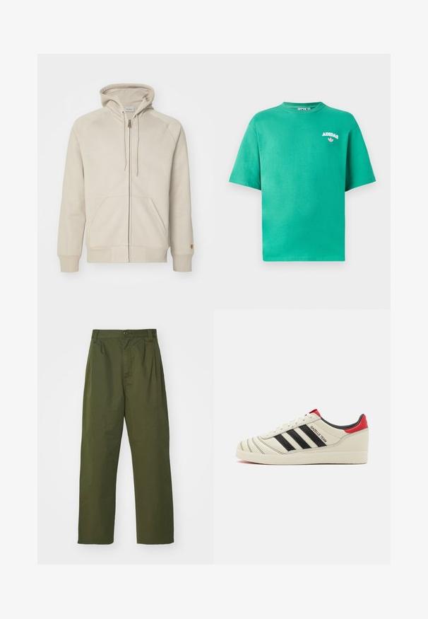 Beige hettejakke med glidelås i myk stoff med snor i hetta, kengurulommer, ribbede mansjetter og sømdetaljer.; Grønn bomulls t-skjorte med rund hals, kortermet, og brodert "ADIDAS" logo på brystet, med en blomsterdetalj under teksten.; Olivenfargede, høy midje-bukser med rette bein. Laget av et lett stoff, med frontfolder og knappelukking.; Kremfargede lærtreninger med svarte striper, røde hælaccents og teksturerte detaljer. Har gummisåle og snøring.