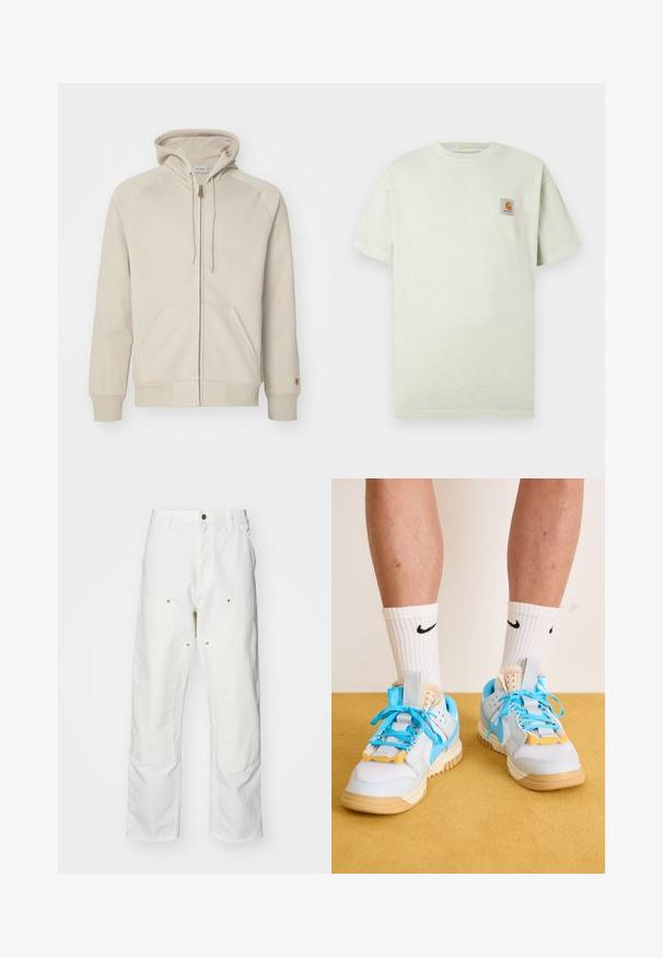 Felpa beige con zip in tessuto morbido, dotata di cappuccio regolabile con coulisse, tasche a marsupio, polsini a coste e dettagli di cucitura.; T-shirt in cotone verde chiaro con maniche corte, scollatura rotonda e una piccola toppa quadrata con un logo sul petto sinistro. Tessuto morbido.; Pantaloni cargo bianchi in cotone con vestibilità rilassata. Tra le caratteristiche ci sono tasche frontali, dettagli in metallo dorato e sezioni rinforzate sulle ginocchia.; Sneaker azzurri chiari con suole beige, dotati di stringhe turchesi prominenti e accenti gialli. Materiali testurizzati e ammortizzazione d'aria visibile.