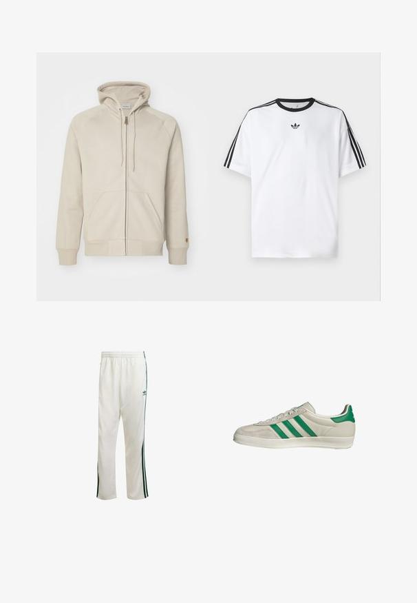 Felpa beige con zip in tessuto morbido, dotata di cappuccio regolabile con coulisse, tasche a marsupio, polsini a coste e dettagli di cucitura.; Maglietta bianca in cotone, con scollatura rotonda nera e tre strisce nere su ciascuna spalla. Piccolo logo nero sul petto.; Pantaloni da ginnastica bianchi con strisce verdi sui lati, cintura elastica e un logo sulla parte superiore sinistra. Realizzati in tessuto leggero.; Sneaker beige con strisce verdi, con suola bianca e tomaia in pelle liscia. Vista laterale che evidenzia i dettagli dei lacci e il logo.