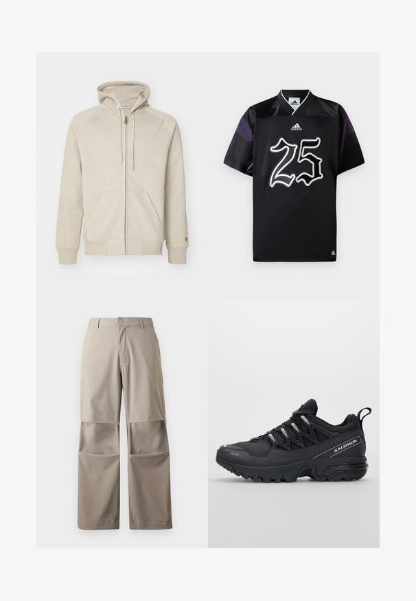 Sudadera beige con cremallera de tejido suave, capucha ajustable, bolsillos tipo canguro, puños acanalados y detalles de costura.; Camiseta negra con diseño de escote en V, presenta el número "25" en blanco y púrpura, y un logo de Adidas en el pecho y en los acentos de las mangas.; Pantalones de pierna ancha beige, confeccionados en tela suave, con grandes bolsillos de parche y un diseño casual con una parte delantera plana y trabillas para cinturón.; Zapatillas deportivas negras con parte superior de malla, suela de goma y acentos reflectantes. Presentan una suela acolchada y un diseño con cierre de cordones.