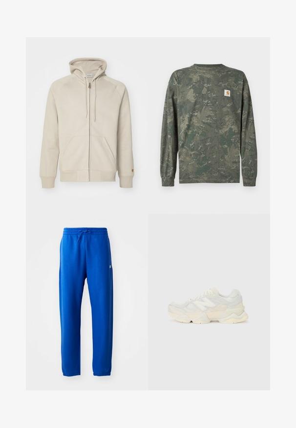 Beige Zip-Hoodie aus weichem Stoff mit Kapuze zum Regulieren, Kängurutaschen, gerippten Bündchen und gestickten Details.; Langärmeliges Tarnhemd in Grün- und Brauntönen mit einem kleinen quadratischen Carhartt-Logo-Patch auf der linken Brust.; Blaue Sweatpants aus weichem Stoff, mit einem elastischen Bund und Kordelzug, schmal zulaufenden Beinen und einem kleinen Logodetail an der Seite.; Leichte Sneaker mit einem Obermaterial aus Mesh und Wildleder in sanften Cremetönen, einer dicken Sohle und dreidimensionalen Akzenten.