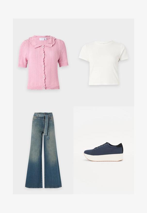 VILA VILUND SHIRT - Adīta jaka - sangria sunset; Īsa balta T-kreklā izgatavots no kokvilnas ar īsām piedurknēm, apaļu kakla izgriezumu un taisnu apakšu, piedāvā gludu tekstūru un minimālistisku dizainu.; Platām kājām džinsu bikses ar gaismas līdz tumši zilam gradientam, augstu jostas līniju, jostas cilpām un atbilstošu auduma jostu. Tekstūrēts džinsas apdare.; Navy zilo apavi ar strukturētu auduma augšdaļu, baltu platformas zoli, noapaļotu pirkstu daļu un melnu papēža akcentu. Iekļautas sešas acs caurumi šnuķēšanai.