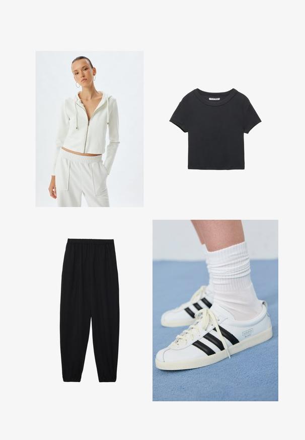Weiße Zip-Up-Hoodie mit Kapuze und langen Ärmeln, aus einem weichen Material gefertigt. Kombiniert mit passenden elastischen Hosen mit Taschen.; Schwarzes gekürztes T-Shirt aus geripptem Stoff. Mit Rundhalsausschnitt und kurzen Ärmeln. Einfaches Design ohne Muster oder Akzente.; Schwarze, leichte Hosen mit einem elastischen Bund und gerafften Knöcheln. Der Stoff ist glatt und hat ein entspanntes, schmal zulaufendes Design.; Weiße Ledersneaker mit schwarzen Streifen, cremefarbener Sohle und hellen Schnürsenkeln. Getragen mit weißen gerippten Socken, positioniert vor einem blauen Hintergrund.