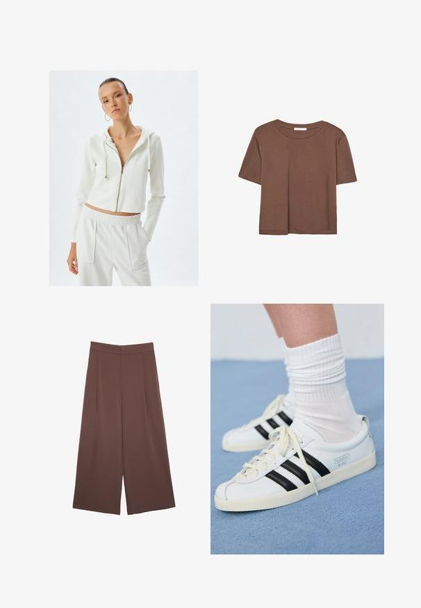 Felpa bianca con zip, cappuccio e maniche lunghe, realizzata in un materiale morbido. Abbinata a pantaloni elastici in vita con tasche.; Maglietta a maniche corte marrone realizzata in tessuto morbido, con scollatura rotonda e vestibilità rilassata. Nessun motivo o dettaglio visibile.; Pantaloni ampi marroni con una texture liscia, caratterizzati da una vita alta e pieghe frontali. Il tessuto è leggero e scorre liberamente.; Sneakers di pelle bianca con strisce nere, suola crema e lacci chiari. Indossati con calze bianche a coste, posizionati su uno sfondo blu.