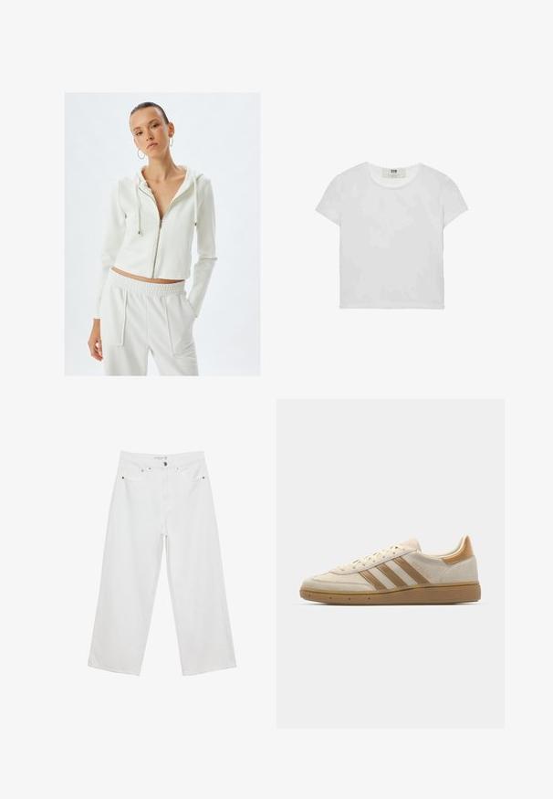 Weiße Zip-Up-Hoodie mit Kapuze und langen Ärmeln, aus einem weichen Material gefertigt. Kombiniert mit passenden elastischen Hosen mit Taschen.; Weißes T-Shirt mit kurzen Ärmeln und Rundhalsausschnitt, aus weicher Baumwolle gefertigt, mit einem schlichten, sauberen Design ohne sichtbare Muster oder Akzente.; Weiße Jeans im weit geschnittenen Design aus Denim mit hoher Taille, ausgestattet mit fünf Taschen und Metallbeschlägen. Glatte Textur, keine sichtbaren Muster.; Beige Wildledersneaker mit hellbraunen Akzenten. Verfügt über drei braune Streifen, eine strukturierte Gummisohle und ein rundes Zehendesign.