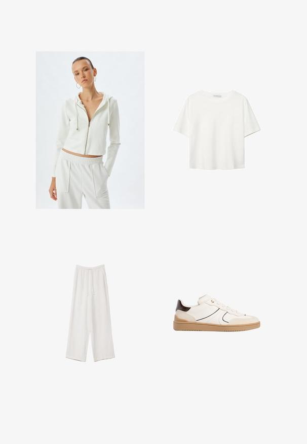 Haut de sweatshirt zippé blanc avec une capuche et des manches longues, fabriqué dans un matériau doux. Assorti à un pantalon élastique avec poches.; T-shirt blanc à manches courtes en coton. Doté d'un col ras du cou et d'une coupe décontractée. Texture lisse sans motifs ni accents visibles.; Pantalons larges blancs en tissu léger. Dotés d'une taille élastique avec cordon de serrage et de poches latérales. Texture lisse.; Stradivarius Baskets basses - white
