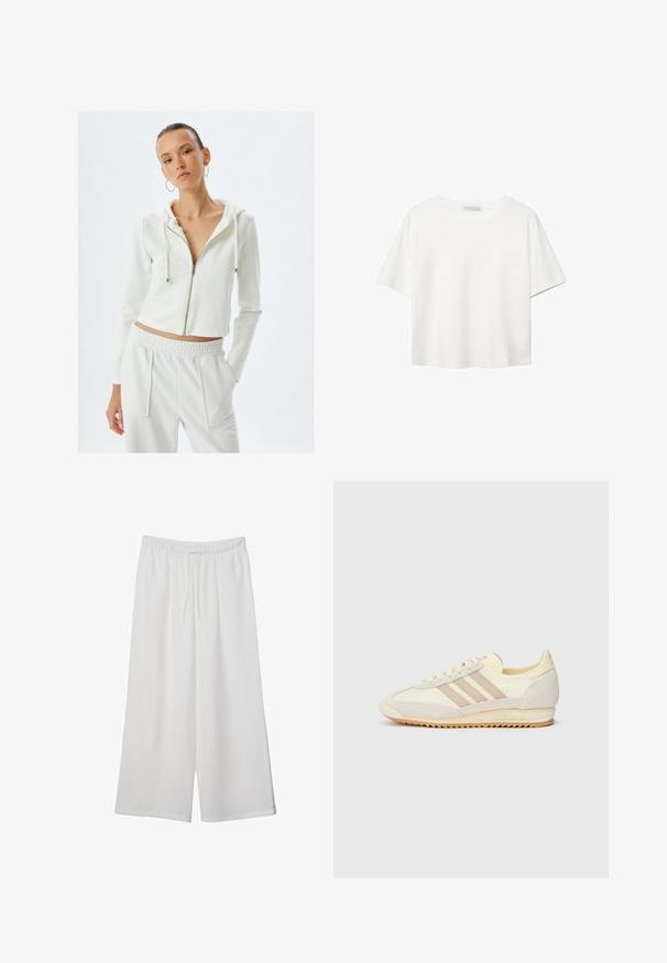 White zip-up hoodie with a hood and long sleeves, made from a soft material. Paired with matching elastic-waist pants featuring pockets.; White short-sleeve t-shirt made of cotton. Features a crew neckline and a relaxed fit. Smooth texture with no visible patterns or accents.; White wide-leg trousers made of lightweight fabric, featuring an elastic waistband and a drawstring for adjustable fit. Smooth texture.; Cream athletic sneaker featuring three beige stripes, suede and textile materials, a textured sole, and embossed branding on the heel.