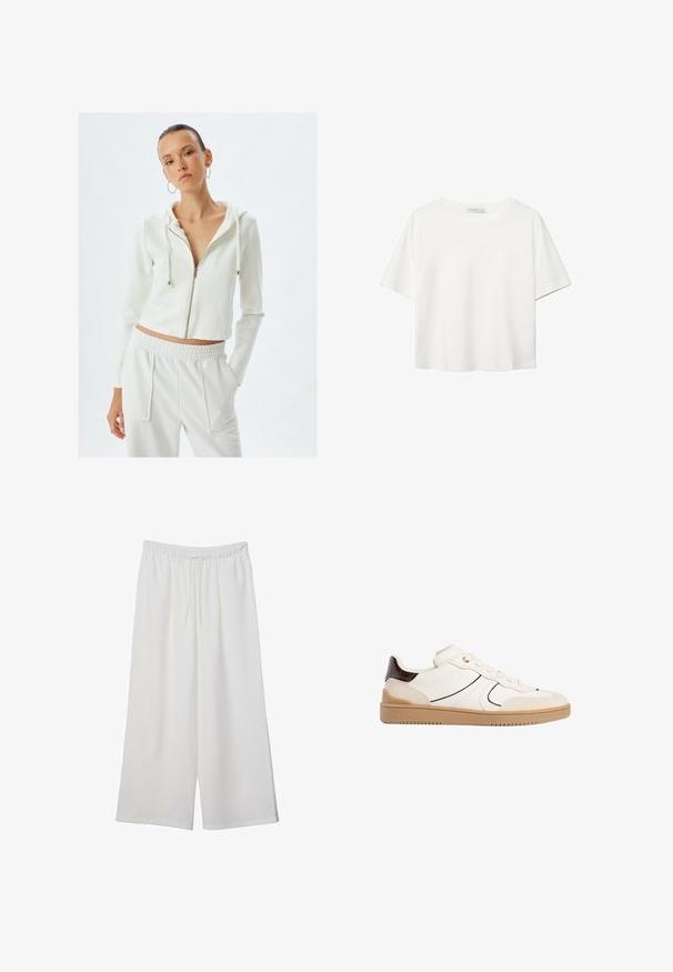 Valkoinen vetoketjullinen huppari, jossa on huppu ja pitkät hihat, valmistettu pehmeästä materiaalista. Yhdistetty yhteensopiviin elastisvyötäröisiin housuihin, joissa on taskut.; Valkoinen lyhythihainen T-paita, joka on tehty puuvillasta. Siinä on pyöreä kaula-aukko ja rento malli. Silkkinen pinta ilman näkyviä kuvioita tai koristeita.; Valkoiset leveälahkeiset housut, jotka on valmistettu kevyestä kankaasta. Niissä on joustava vyötärö ja nauha säädettävää istuvuutta varten. Sileä pinta.; Stradivarius Matalavartiset tennarit - white