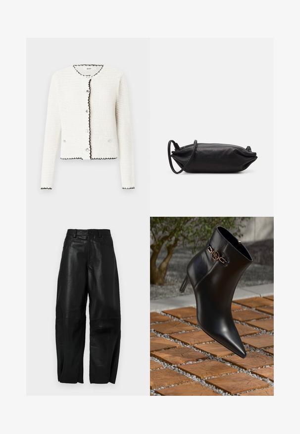 Cardigan bianco con texture e rifiniture nere, scollatura rotonda e chiusura con bottoni frontali. Presenta due tasche frontali e maniche lunghe.; Blusa nera con maniche lunghe in tessuto trasparente, caratterizzata da pieghe frontali e un fiore in tessuto a strati come dettaglio sulla spalla sinistra. Chiusura con bottone al collo.; Pantaloni in pelle nera con vestibilità ampia, caratterizzati da un design a gamba dritta, tasche frontali e dettagli di cucitura visibili.; Stivale alla caviglia in pelle nera con punta affilata e tacco piccolo. Presenta un accento di catena dorata alla caviglia. Circondato da una superficie in pietra testurizzata.; Borsa a tracolla nera in pelle, di forma rettangolare, con una texture liscia, una sottile tracolla e un design minimalista.