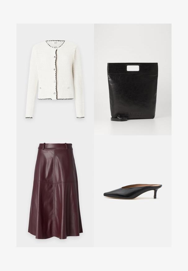 DAY Birger et Mikkelsen TURNER STRUCTURE - Cardigan - jet stream; White tank top with thin straps, made of ribbed cotton fabric, featuring a straight neckline and a clean finish at the hem.; Burgundy leather A-line skirt with a smooth texture, visible seams, and a waistband. Mid-length, flared shape with a slightly curved hem.; Black leather mules with a pointed toe and low, block heel. Smooth texture with a sleek design. Open back with minimal detailing.; Black leather tote bag with a square handle, featuring a textured finish and embossed logo. Includes a detachable strap.