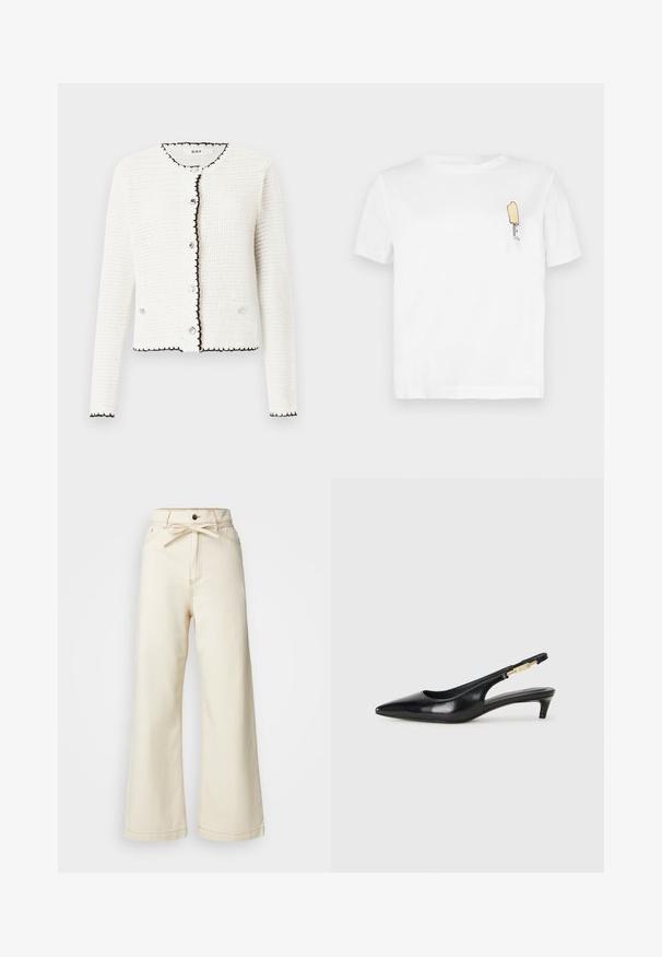 Cardigã branco texturizado com contornos pretos, gola redonda e fecho à frente com botões. Apresenta dois bolsos frontais e mangas longas.; T-shirt de algodão branca com mangas curtas, apresentando um gráfico minimalista de um picolé amarelo bordado na área do peito esquerdo.; Calças largas de denim cream, com cintura alta, detalhe de laço à frente e costura contrastante.; Saltos slingback em couro preto com bico fino, apresentando um salto esguio e um detalhe em tom dourado na alça ajustável. Textura suave.