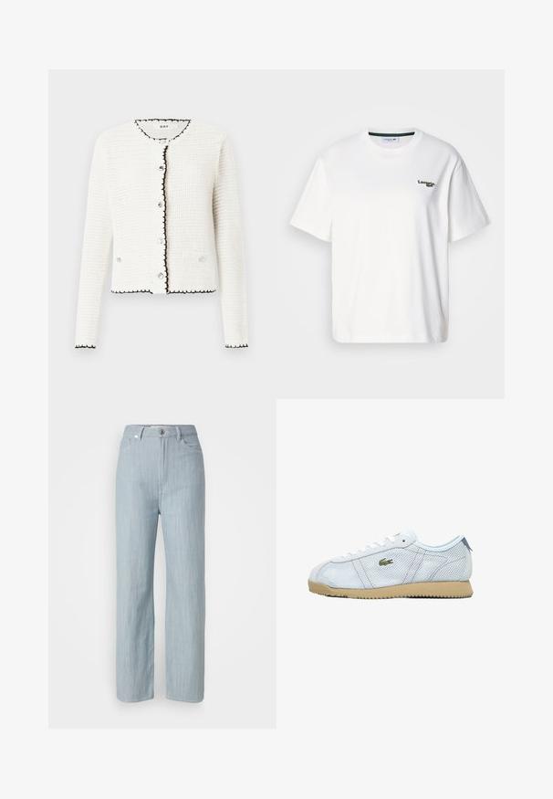 Weißer strukturierter Cardigan mit schwarzem Rand, rundem Ausschnitt und Knopfverschluss vorne. Hat zwei vordere Taschen und lange Ärmel.; Weißes Baumwoll-T-Shirt mit entspannter Passform, ausgestattet mit einem grünen gestickten Logo auf der linken Brust und einem Rundhalsausschnitt. Glatte Textur.; Helle blaue gerade geschnittene Jeans aus Denim. Verfügt über fünf Taschen, einen Metallknopfverschluss und dezente Waschungen für zusätzliche Textur.; Helleblaue Netzsneaker mit beigem Gummisohl, weißen Schnürsenkeln und grünen Logo-Details. Verfügt über eine runde Zehenpartie und strukturierte Seitenpaneele.