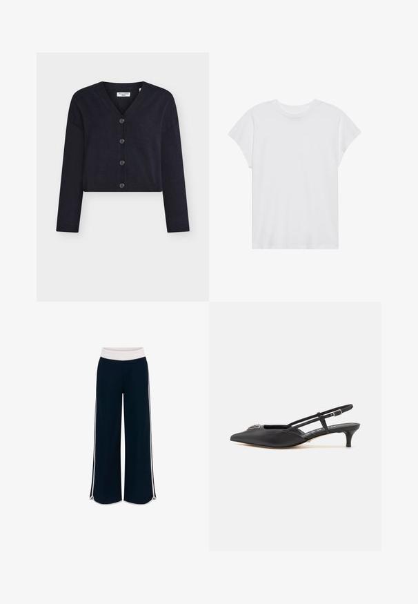 Námořnicky modrý zkrácený kardigan z měkké pletené látky, s výstřihem do V, dlouhými rukávy a šesti knoflíky po celé přední straně.; Bílá krátkosrstá tričko s kulatým výstřihem, volný střih, vyrobené z měkké bavlněné tkaniny. Hladký povrch, bez vzorů nebo log.; Námořnické kalhoty širokého střihu s bílým elastickým pasem a kontrastními bočními pruhy. Hladká textura s uvolněným střihem a bočními rozparky na lemu.; Černé sandály s páskem za patou a špičatou špičkou, vyrobené z hladkého materiálu, se spodním podpatkem a dekorativním stříbrným akcentem na nártu.